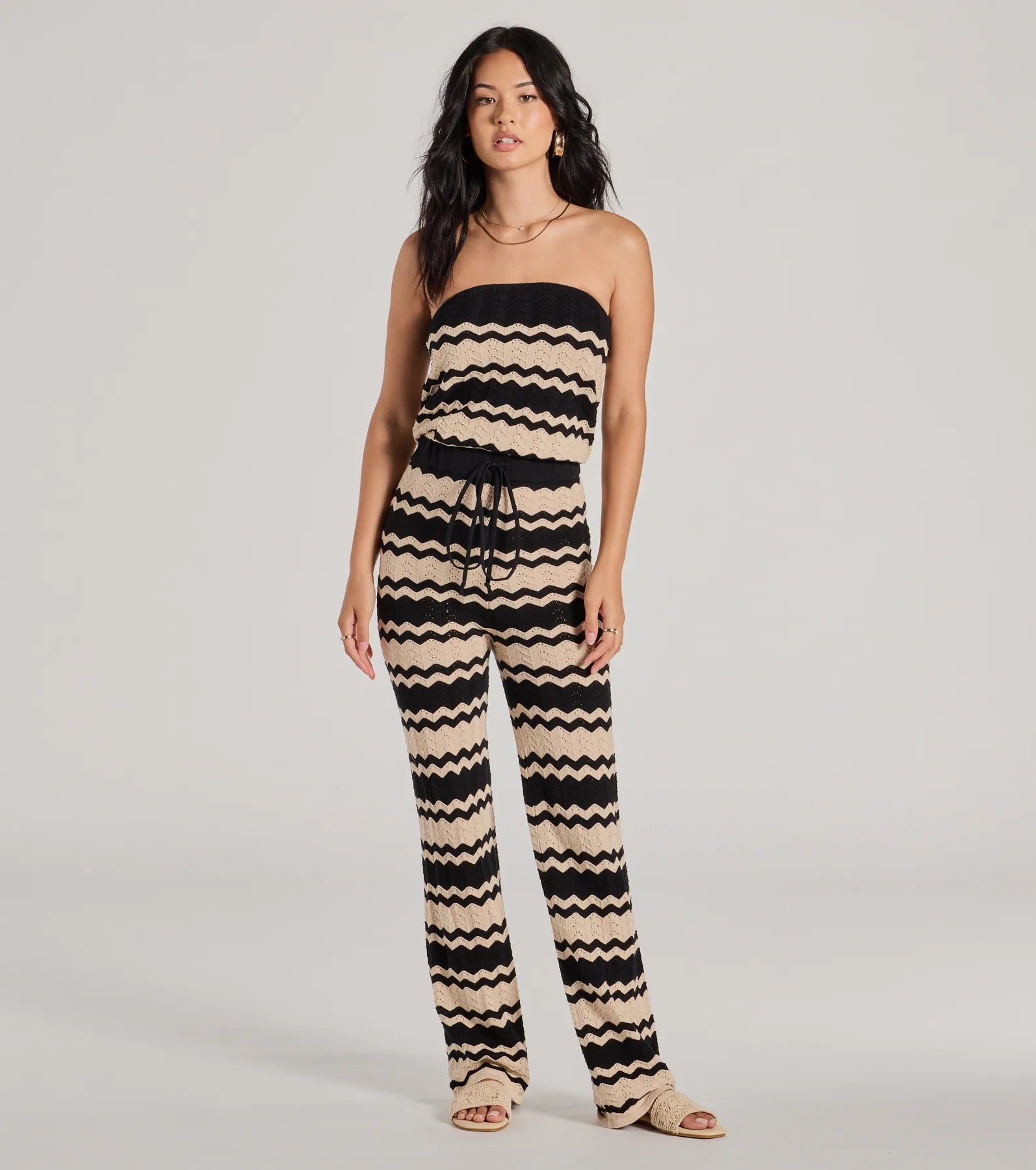 women's jumpsuits with floral printsStylish In Stripes Strapless Wide Leg Knit Jumpsuit