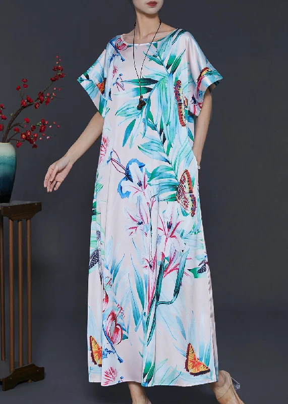 maxi dresses with embroidered patternsItalian Green Leaf Print Silk Maxi Dresses Summer