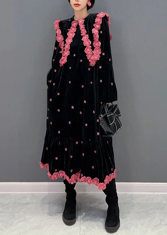 maxi dresses for travelFrench Black O Neck Floral Silk Velour Maxi Dress Winter