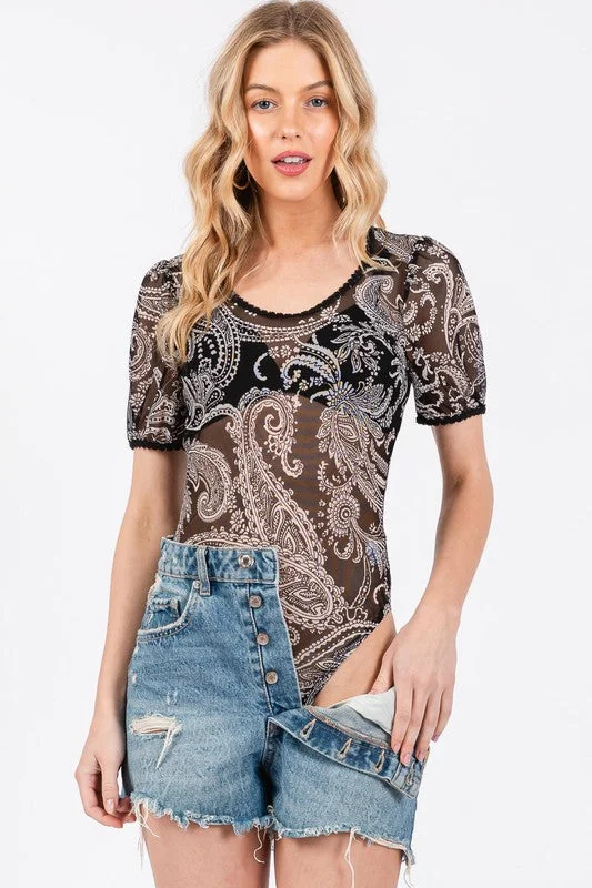 BLACK BOHEMIAN MESH PRINT SHORT SLEEVES BODYSUIT CFBY61109PA