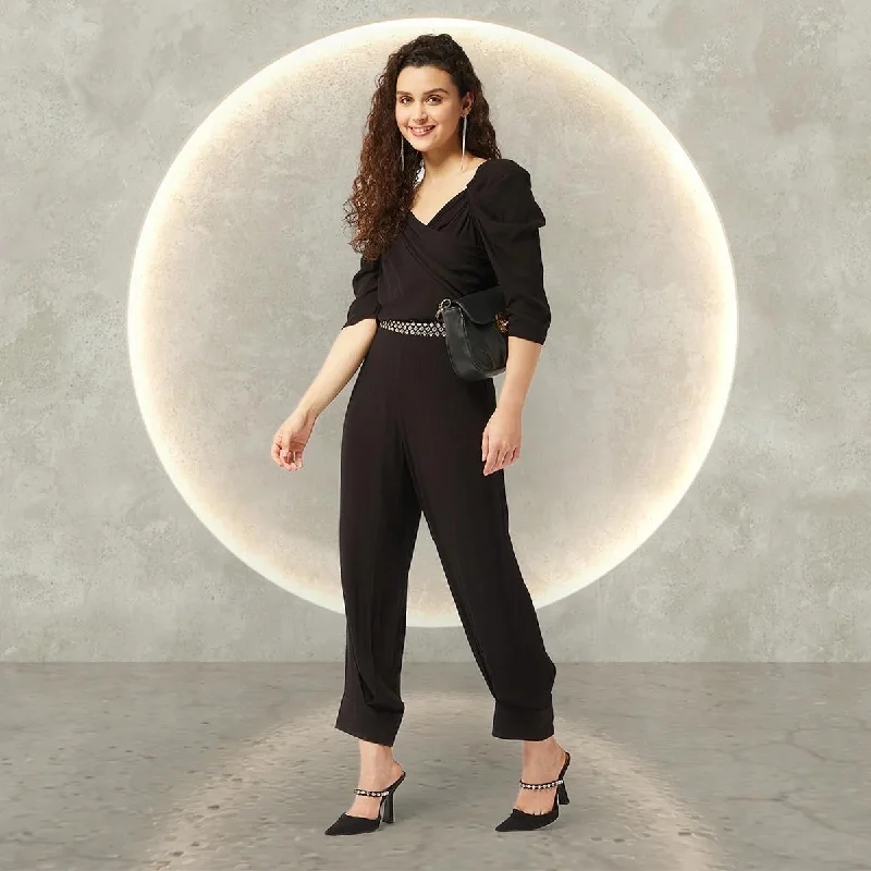 women's jumpsuits for petite womenPANNKH Black Solid Ruffle Sleeves Stylish Jumpsuit