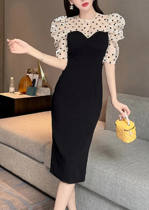 maxi dresses for layeringBohemian Black O-Neck Tulle Patchwork Dot Maxi Dresses Puff Sleeve