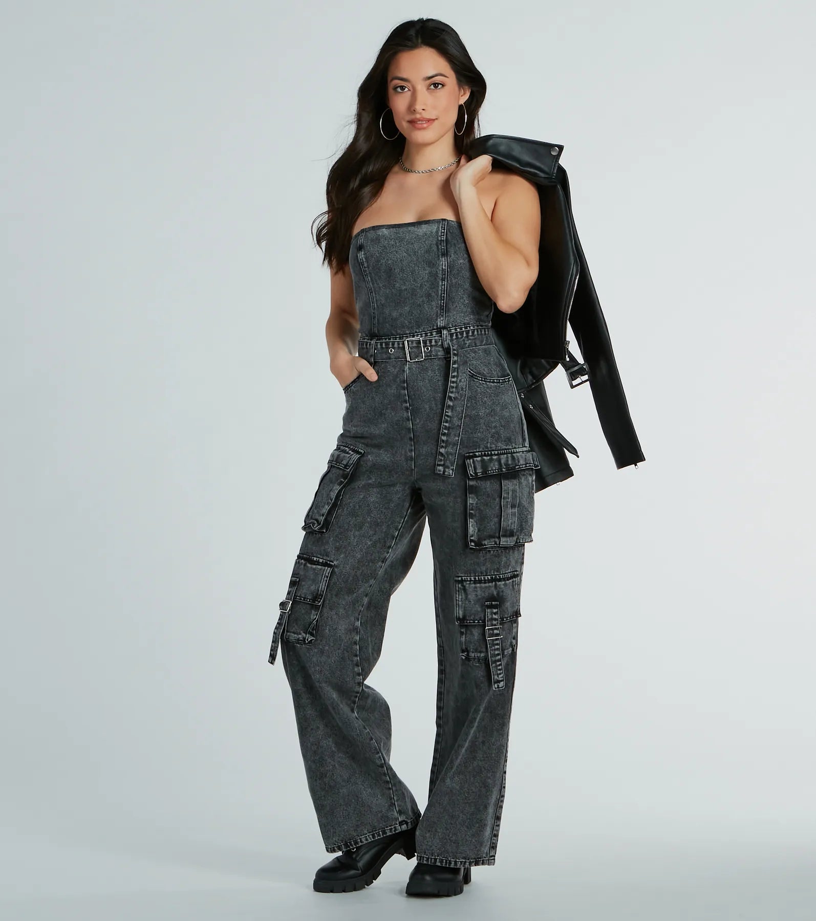 women's retro jumpsuitsPit Stop Strapless Cargo Acid Wide-Leg Denim Jumpsuit