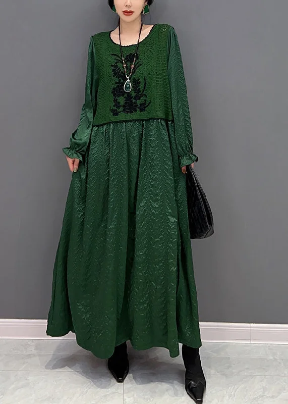 maxi dresses with lace-up detailsFrench Green O-Neck Patchwork Knit Maxi Dresses Winter