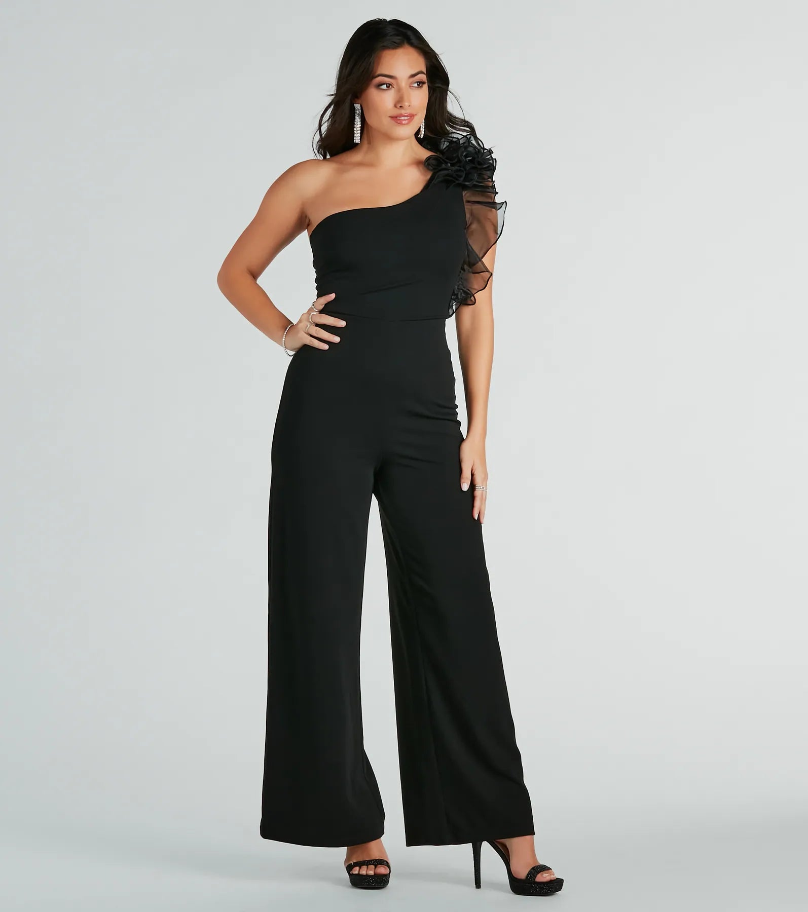 women's jumpsuits with cinched waistsEditorial Babe One-Shoulder Ruffle Jumpsuit