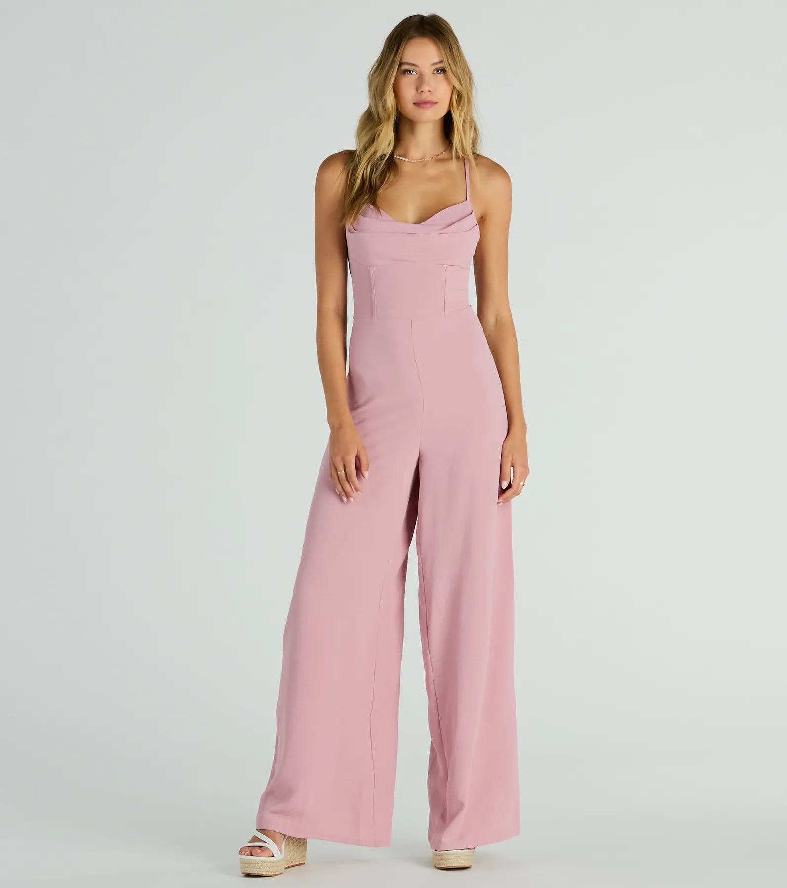 women's jumpsuits with bell sleevesEffortless Allure Lace-Up Woven Wide-Leg Jumpsuit