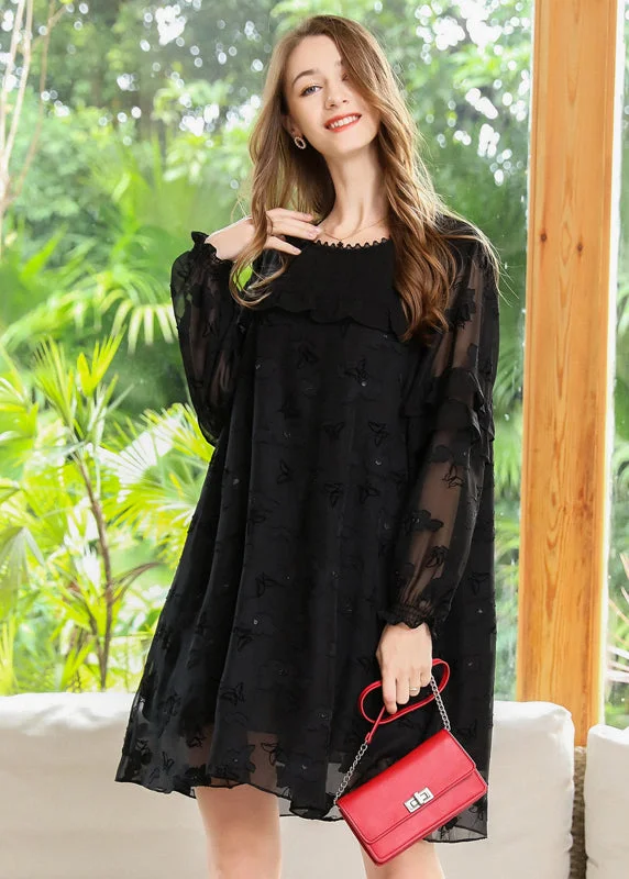 maxi dresses for date nightsBoho Black Embroideried Patchwork Ruffles Chiffon Maxi Dresses Spring