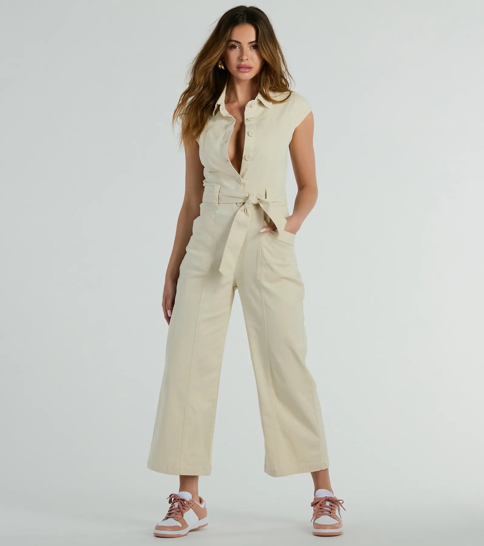 women's jumpsuits with bow tiesAviator Babe Cap Sleeve Utility Wide-Leg Jumpsuit