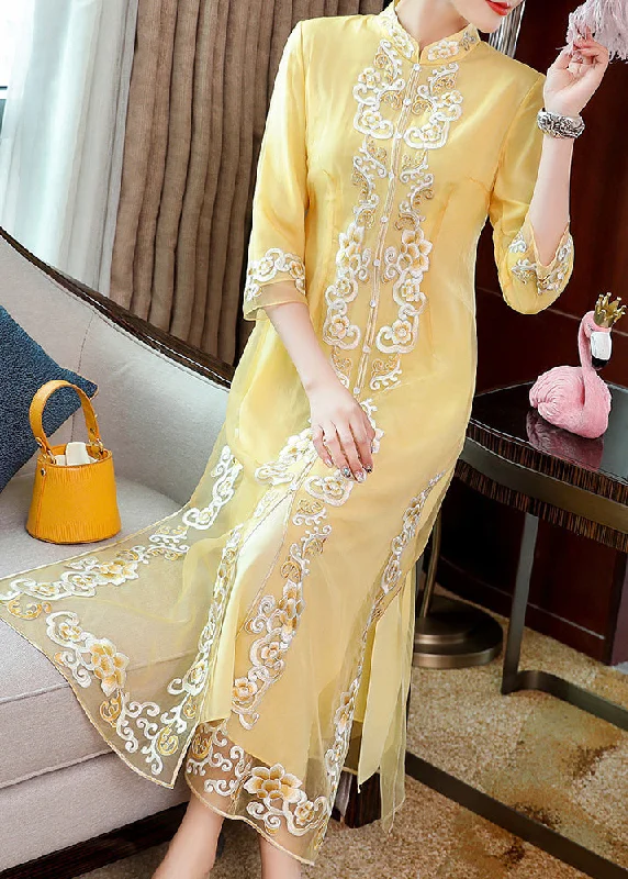 maxi dresses for day-to-night wearVintage Yellow Stand Collar Embroideried Button Party Tulle Maxi Dress Long Sleeve