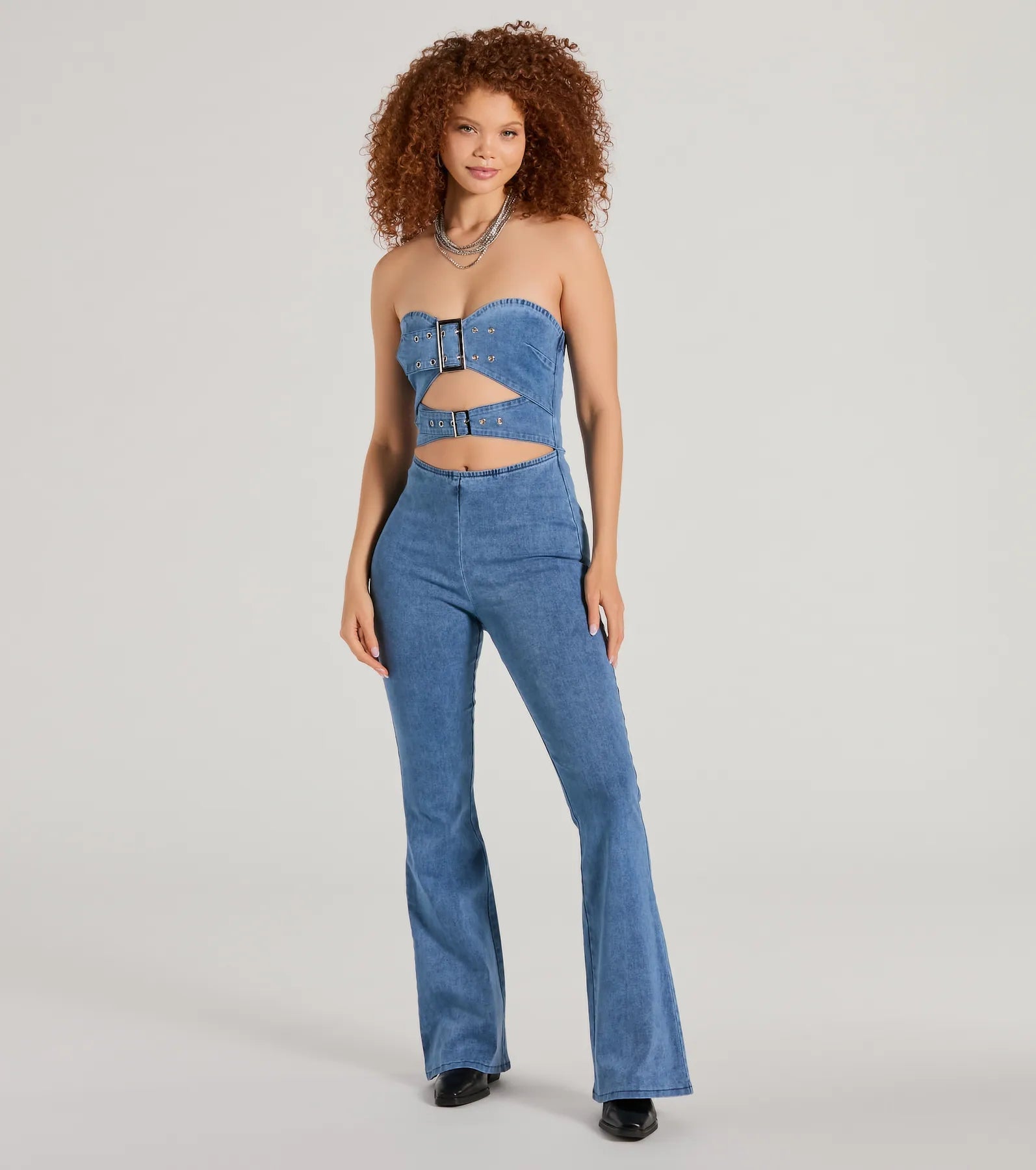 women's cozy jumpsuitsDouble The Style Buckle Cutout Flare Denim Jumpsuit