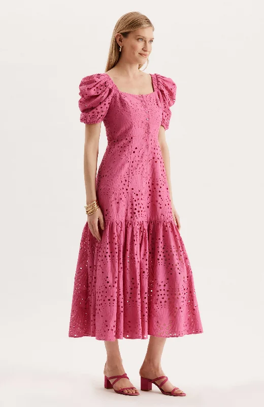 satin midi dressesCleo Eyelet Midi Dress - Hot Pink