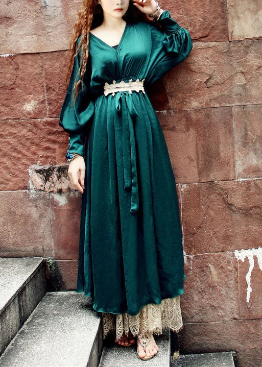 maxi dresses with appliquésFrench Blackish Green V Neck Lace Patchwork Silk Maxi Dresses Batwing Sleeve