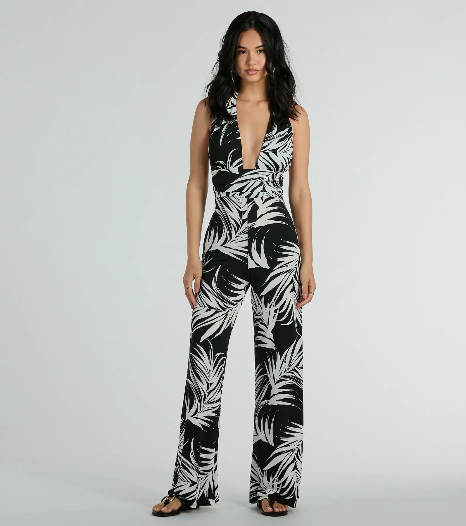 women's jumpsuits with V-necksMajorly Tropical Plunge Halter Wide-Leg Jumpsuit