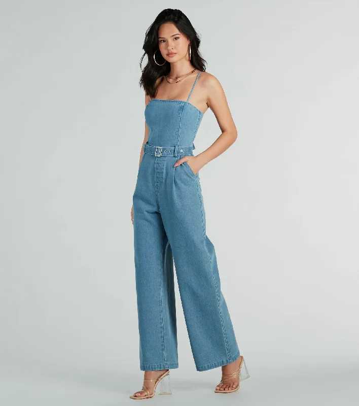 women's jumpsuits with high necksStyle Goals Belted Wide-Leg Denim Jumpsuit