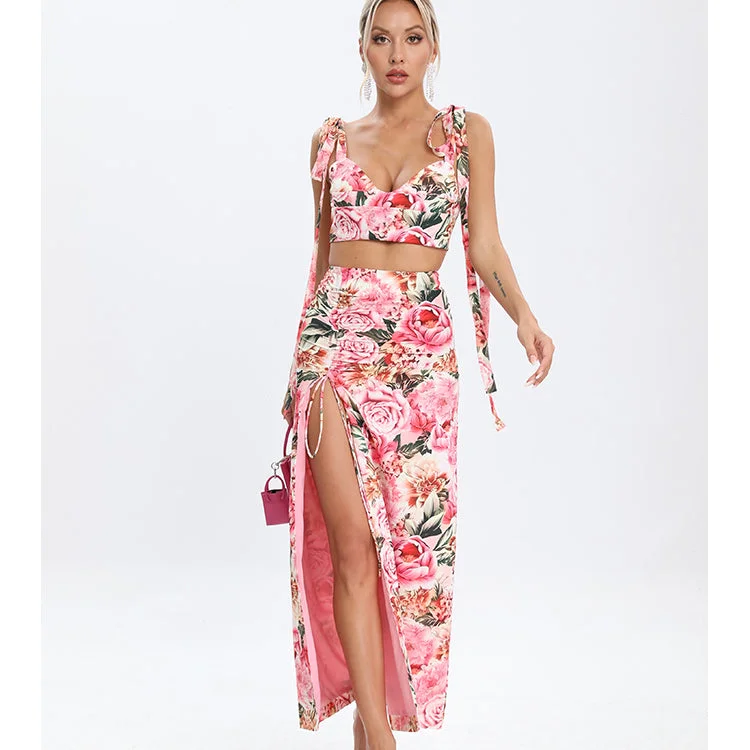 midi dresses without sleevesSS2282 Beautiful Designers Latest Ladies Two Piece Skirt Set Women Clothing Summer Floral Midi Prom Dress