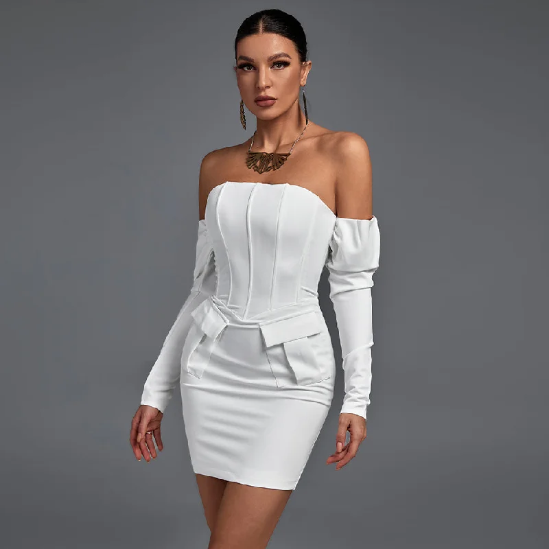 black Mimi dresses for womenOff Shoulder Long Sleeve Striped Mini Bandage Dress FP21426