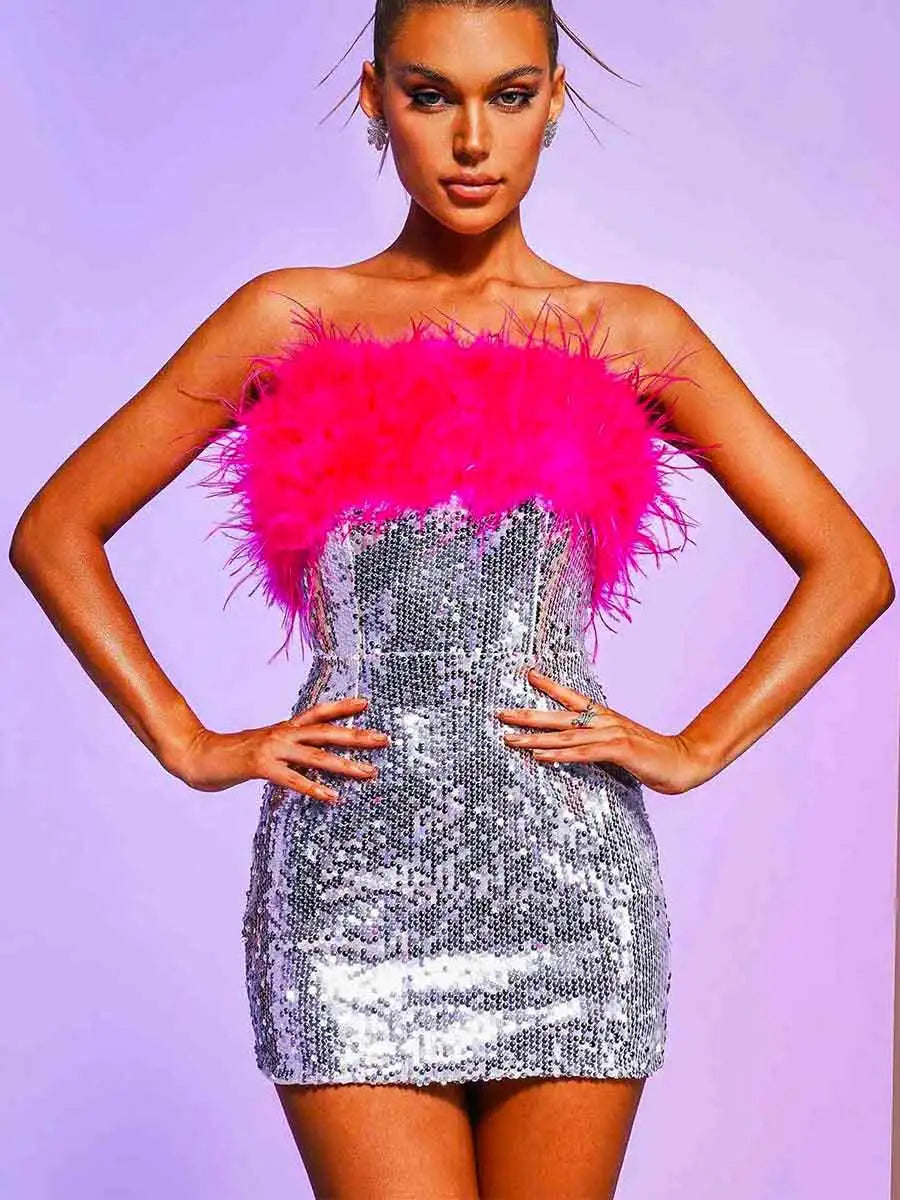 stretch Mimi dresses for comfortA-line Pink Feather Mini Silver Sequin Tube Dress