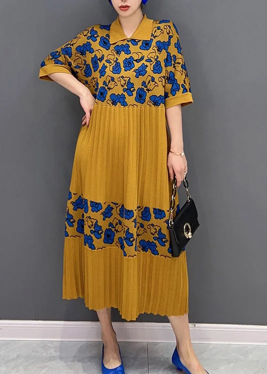 maxi dresses with thigh-high slitsFrench Yellow Peter Pan Collar Print Knit Patchwork Maxi Dress Half Sleeve