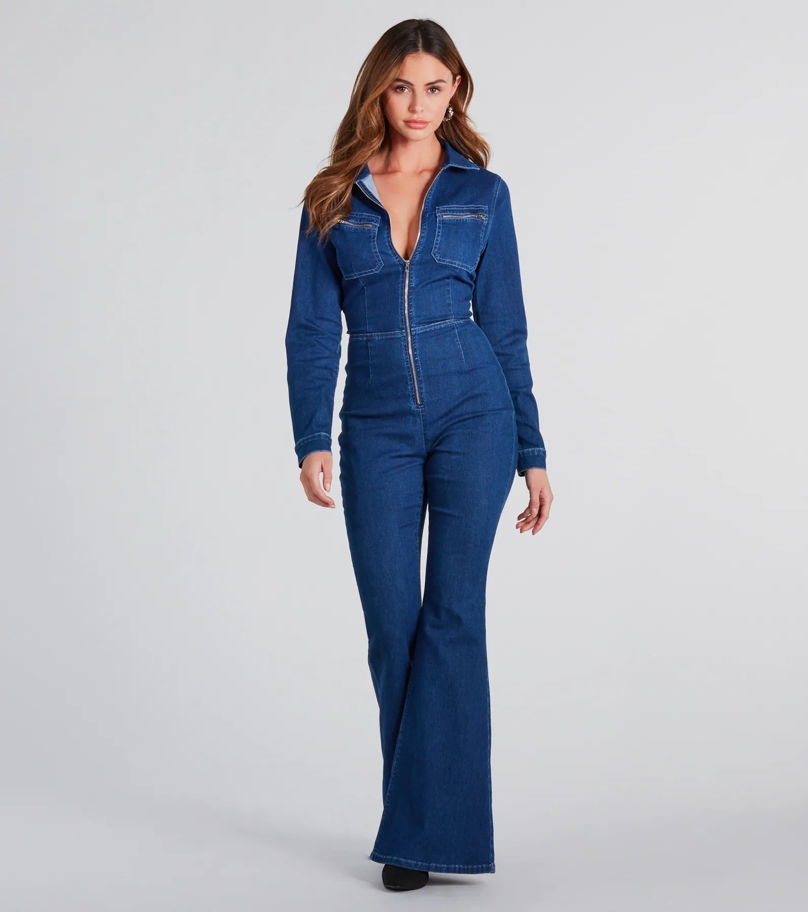 women's jumpsuits for runningYou've Got Flare Long Sleeve Denim Jumpsuit