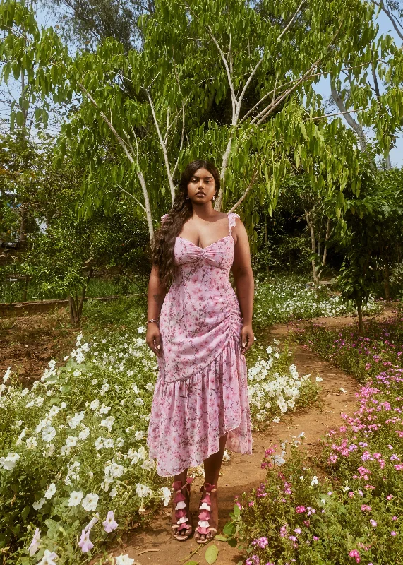 boho midi dressesMyra Pink Cherry Blossom Georgette Midi Dress