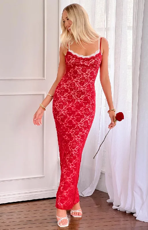 maxi dresses with hidden pocketsKata Red Lace Maxi Dress