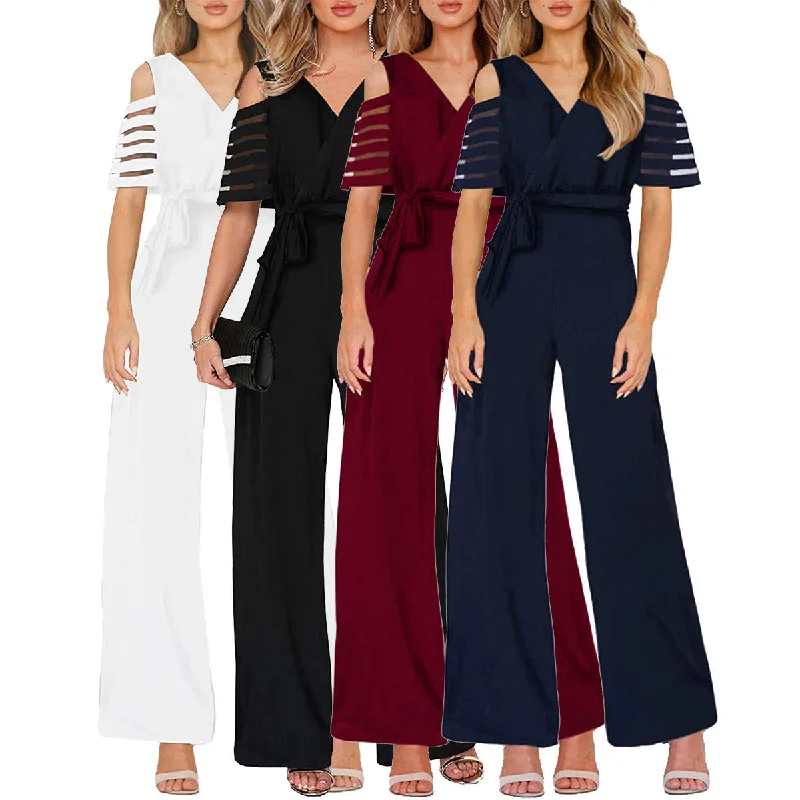 women's jumpsuits with Peter Pan collarsmesh sleeve jumpsuit