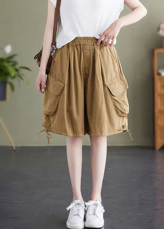 women's sophisticated shortsCozy Khaki Pockets Elastic Waist Patchwork Cotton Shorts Summer