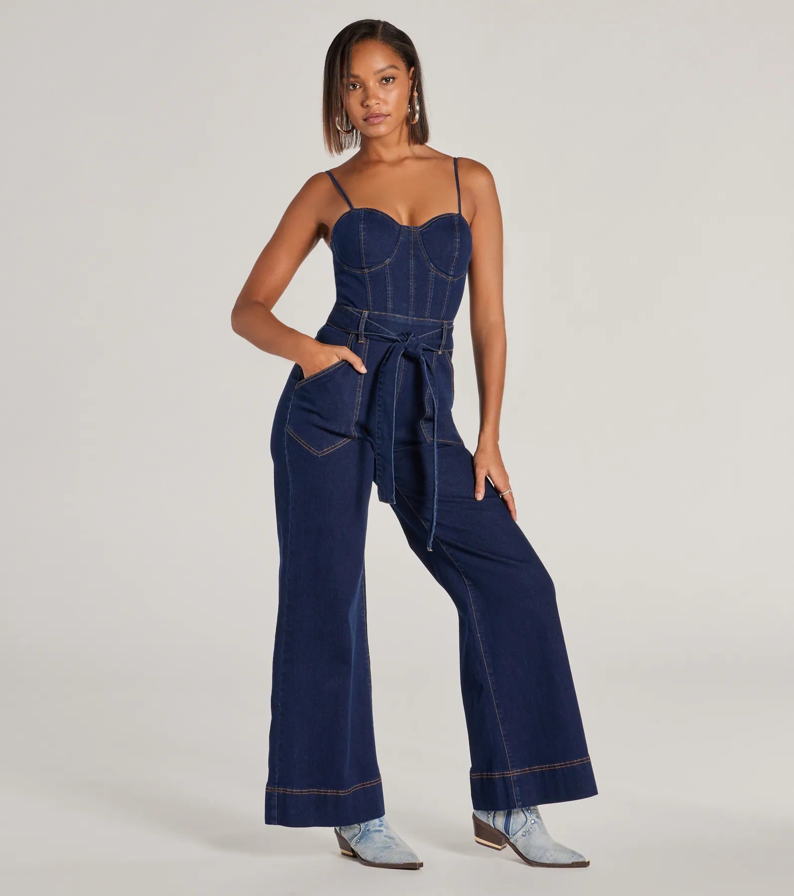 women's formal jumpsuitsNew Era Sweetheart Flare Denim Jumpsuit