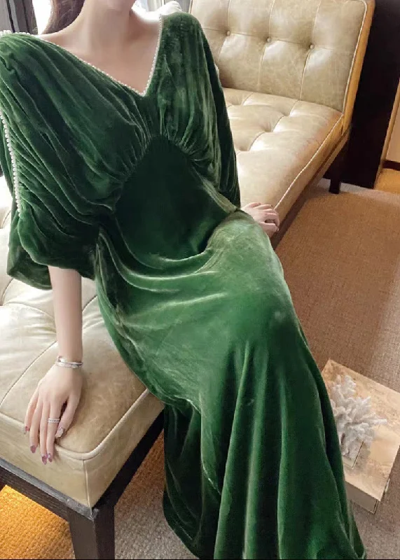 maxi dresses with low necklinesCasual Green V Neck Nail Bead Tunic Velour Maxi Dress Half Sleeve