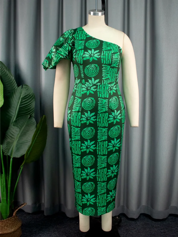 midi cocktail dressesAOMEI One Shoulder Green African Printed Dresses Midi