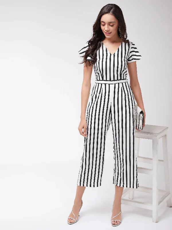 women's jumpsuits for curve-hugging stylesPANNKH Women's Black & White Monocromatic Stripes Jumpsuit