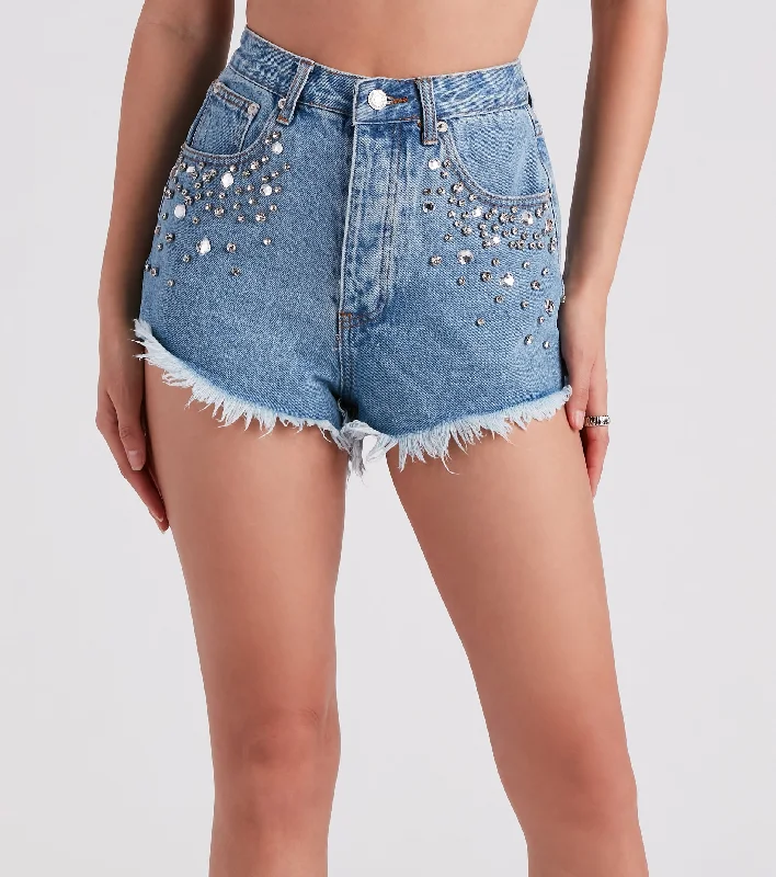 women's sophisticated shorts90s Glam Rhinestone Beaded Denim Shorts