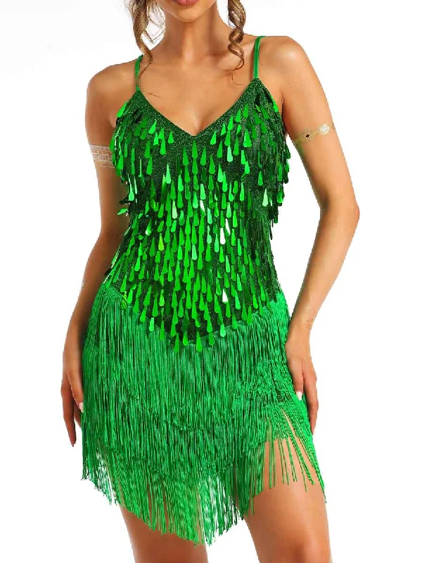 petite Mimi dresses for short womenMini Green Sequin Fringe Dress