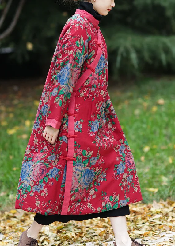 maxi dresses for bridesmaidsVintage Red Oversized Print Fine Cotton Filled Maxi Dress Winter