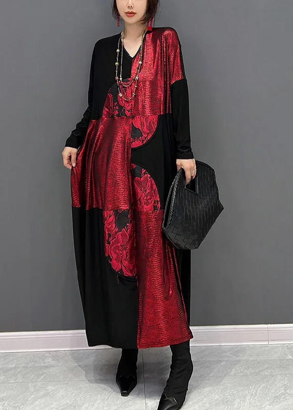 maxi dresses for day-to-night wearArt Red Patchwork Black V Neck Print Maxi Dress Fall