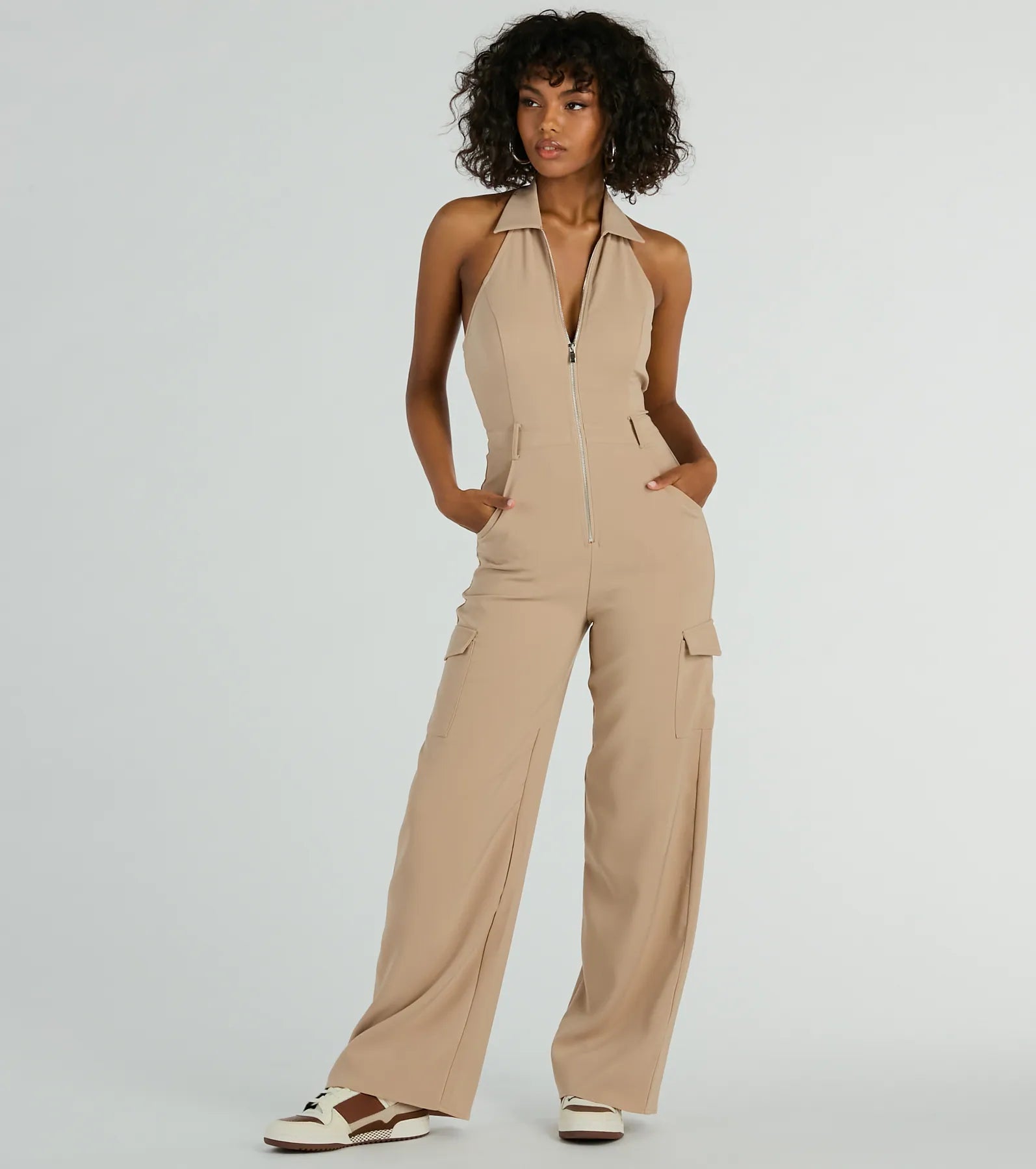 women's jumpsuits with short sleevesTraveling Cute Halter Wide-Leg Cargo Jumpsuit