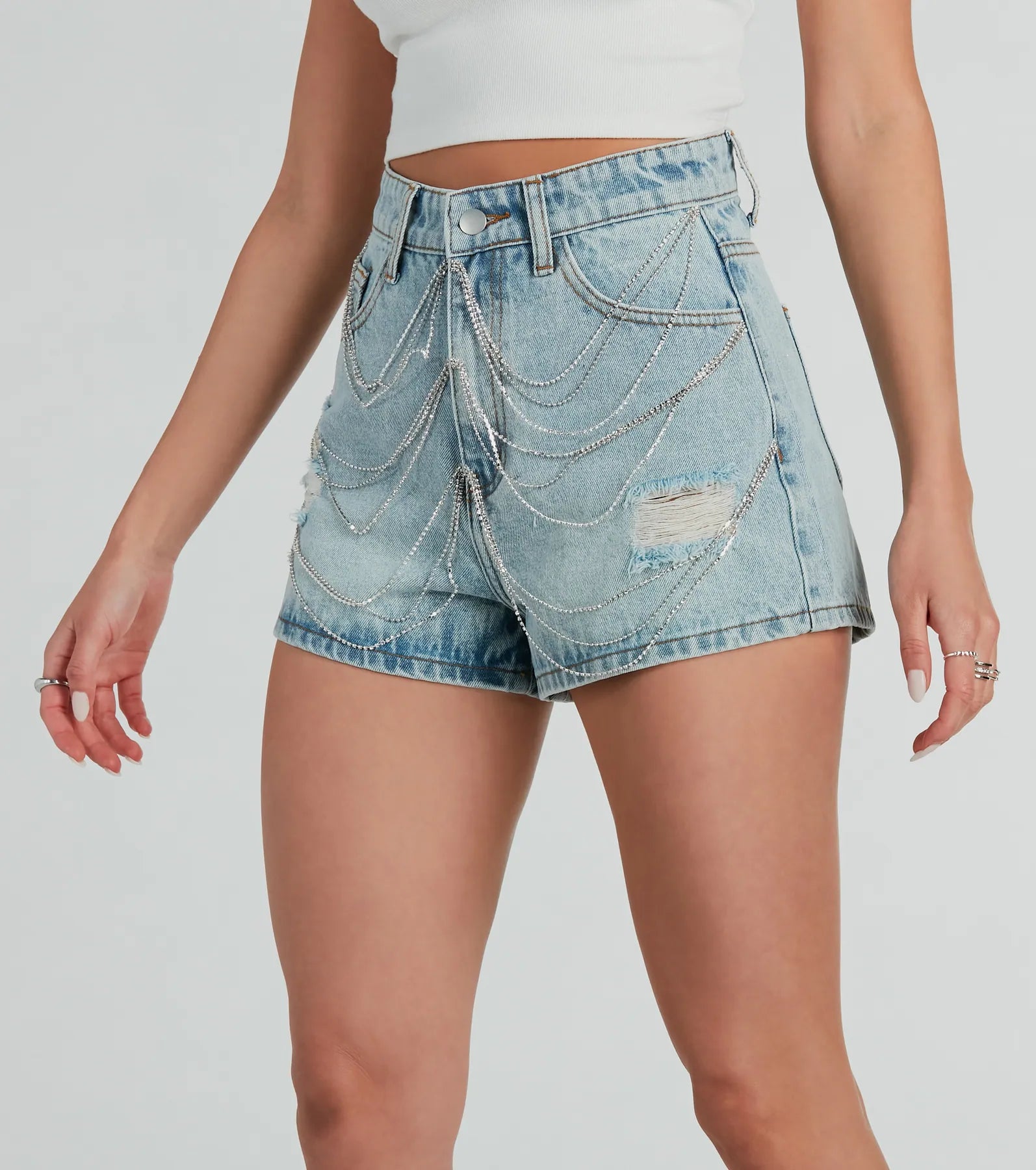 women's formal shortsPop Star Rhinestone High-Rise Denim Shorts