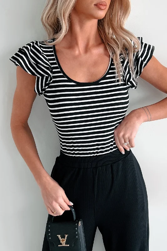 Sweet As Honey Ruffle Sleeve Striped Bodysuit (Black/White)