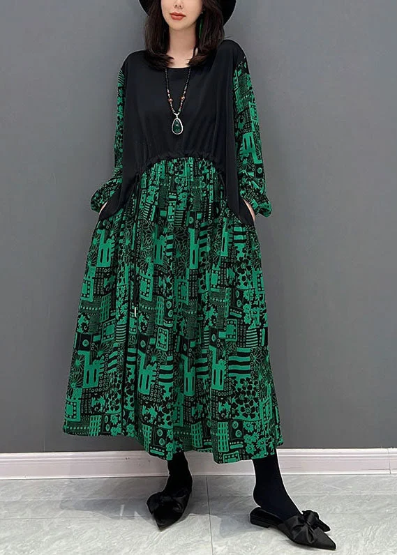 maxi dresses for outdoor weddingsBoho Green O-Neck Patchwork Drawstring Cotton Maxi Dresses Fall