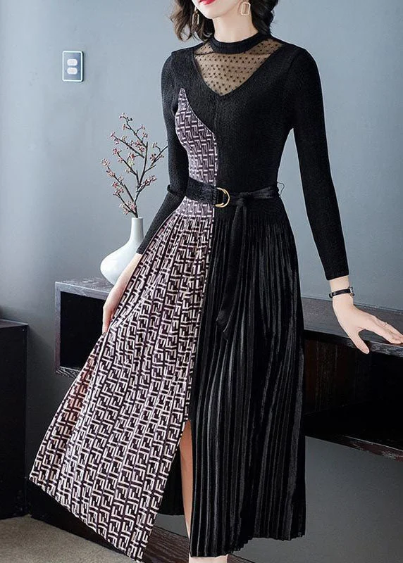 maxi dresses with built-in brasFrench Black Cinched Patchwork Side Open Silk Velour Maxi Dress Spring