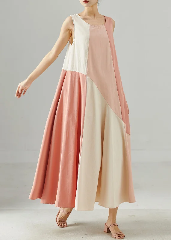 maxi dresses with front pocketsFine Pink Oversized Patchwork Cotton Maxi Dress Summer