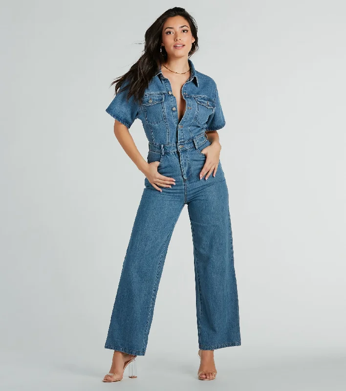 women's jumpsuits for partiesOne And Done Short Sleeve Wide-Leg Denim Jumpsuit