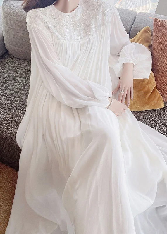 maxi dresses with adjustable strapsFitted White O-Neck Embroideried Sequined Silk Maxi Dress Long Sleeve