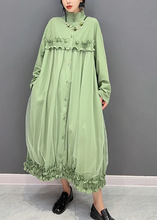 maxi dresses for springElegant Green Stand Collar Ruffled Tulle Patchwork Button Maxi Dress Winter