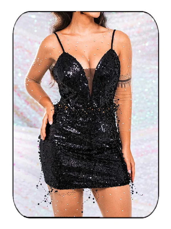 retro Mimi dresses inspired by the 70sBlack Glitter V Neck Dress - Black Pearl Slip Mini Dresses