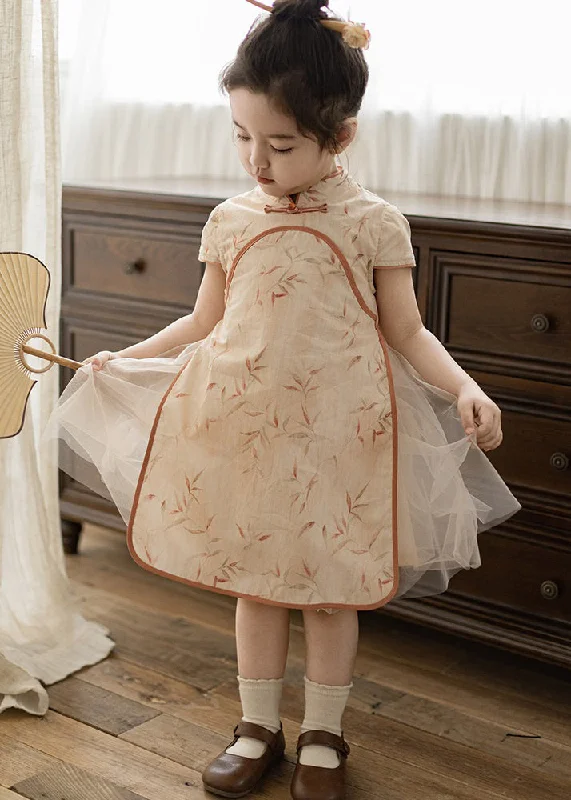 lace maxi dressesHandmade Orange Stand Collar Tulle Patchwork Kids Maxi Dresses Short Sleeve