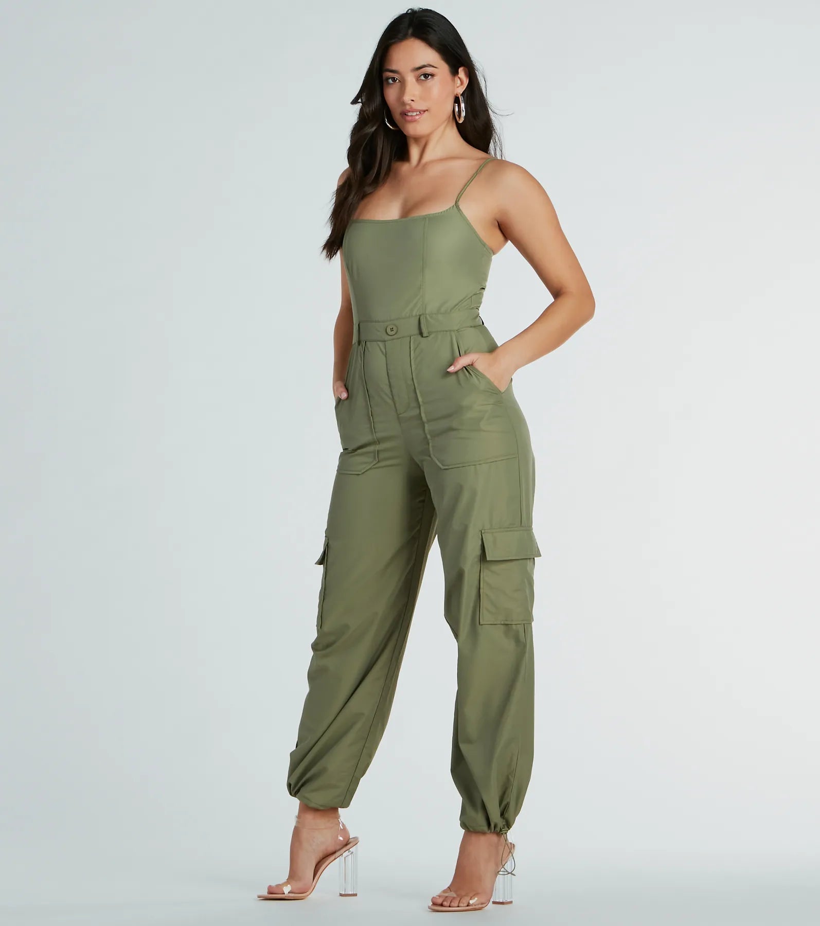 women's jumpsuits with Peter Pan collarsCasual Getaway Sleeveless Nylon Cargo Jumpsuit