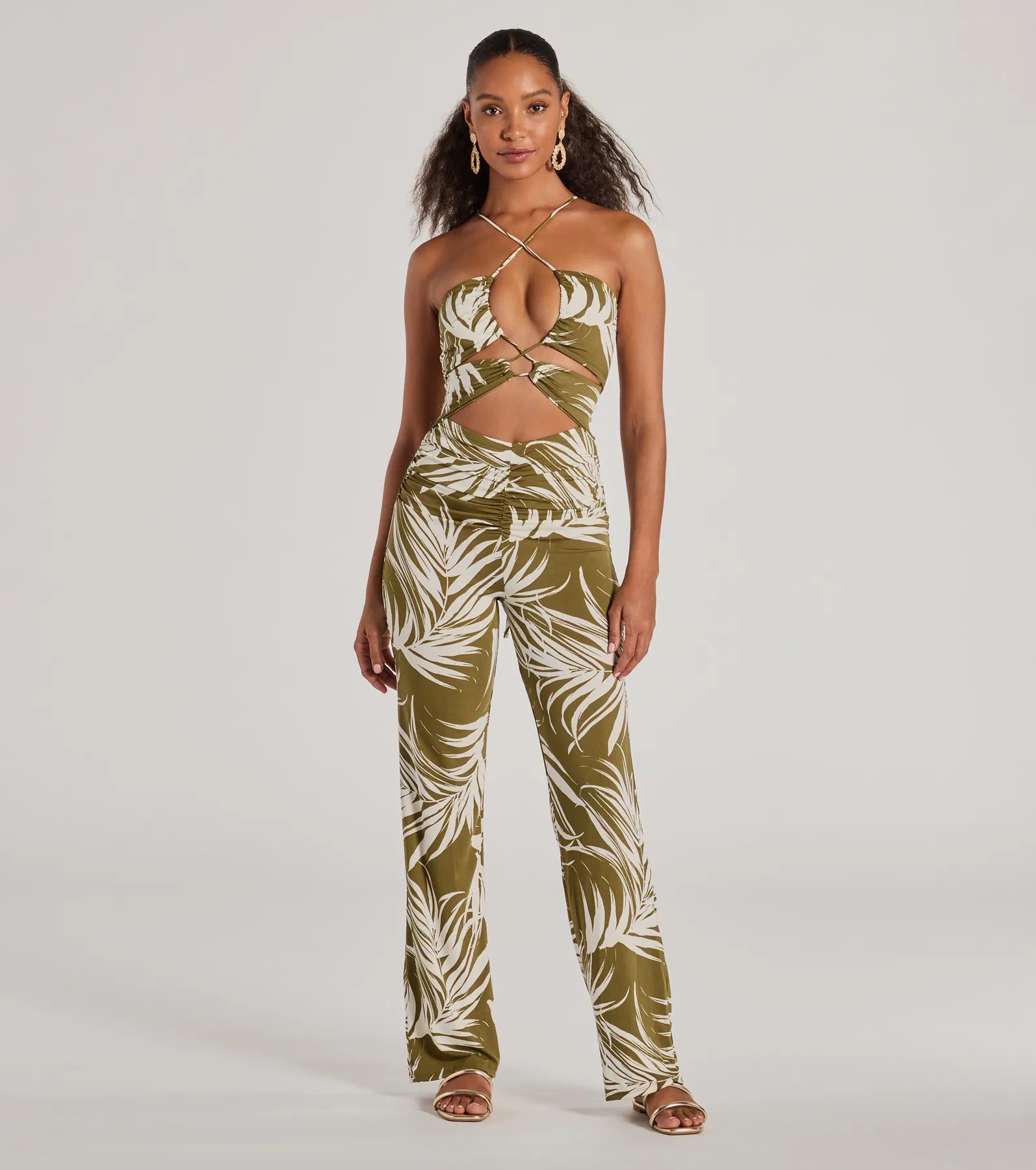 women's ankle-length jumpsuitsJet-Set to Paradise Strappy Cutout Tropical Knit Jumpsuit