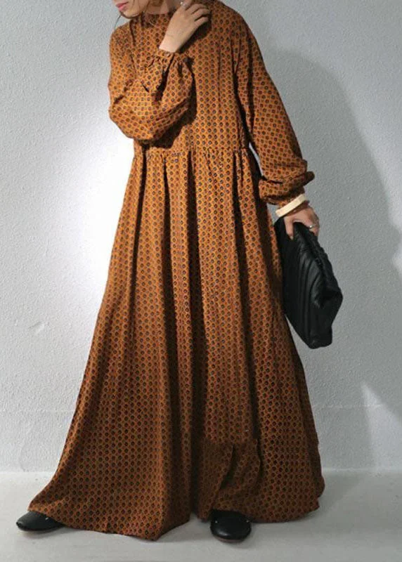 maxi dresses with built-in brasBrown Dot Print Chiffon Maxi Dresses Stand Collar Wrinkled Long Sleeve