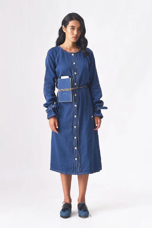 midi dresses for springKELLY - Khadi Denim Blue Midi Dress